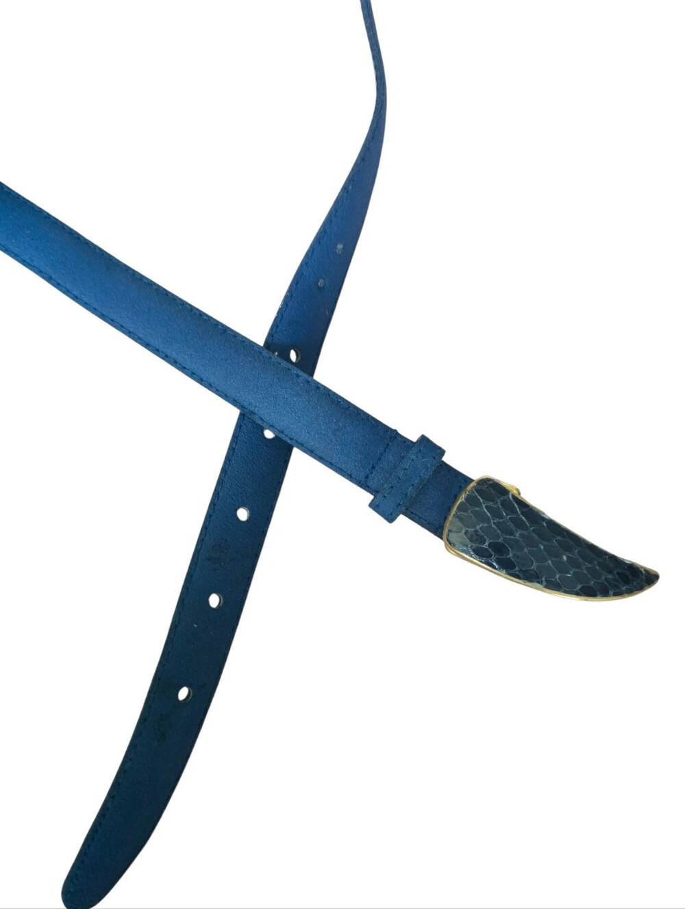 Vintage Blue Suede Leather Belt with Reptile-Textured Statement Buckle
